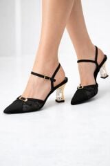 Melinta Siyah Dantelli Kristal Taş Topuklu Ayakkabı