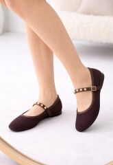 Melinta K.Kahve Fileli  Toka Detay Kemerli Kadın Babet Ayakkabı