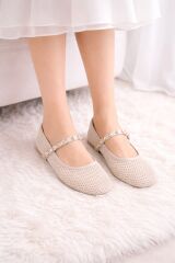 Melinta Bej Fileli  Toka Detay Kemerli Kadın Babet Ayakkabı