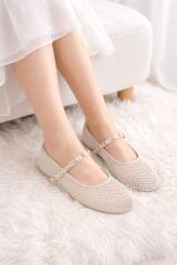 Melinta Bej Fileli  Toka Detay Kemerli Kadın Babet Ayakkabı