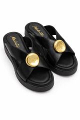 Melinta Gold Detay Dolgu Topuk Siyah Kadın Terlik