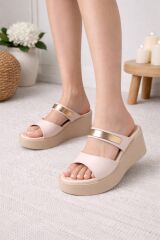 Melinta Gold Kemerli Bej Dolgu Topuk Terlik