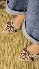 Melinta Keten Nakışlı Tokalı Kadın Topuklu Ayakkabı