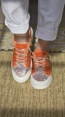 Melinta Taşlı Düz Taban Kadın Turuncu Kot Sneakers