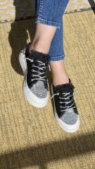 Melinta Taşlı Düz Taban Kadın Siyah Kot Sneakers