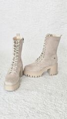 Melinta Kalın Topuklu Bağcıklı Kadın Bej Süet Bot