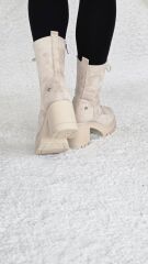 Melinta Kalın Topuklu Bağcıklı Kadın Bej Süet Bot