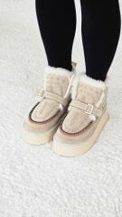 Melinta Kadın Süet Kürklü Dikiş Detaylı Platform Taban Bej Bot