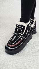 Melinta Kadın Süet Kürklü Dikiş Detaylı Platform Taban Bej Siyah Bot