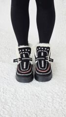 Melinta Kadın Süet Kürklü Dikiş Detaylı Platform Taban Bej Siyah Bot