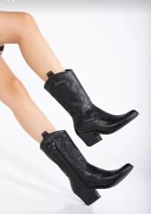 Melinta Kadın Siyah Deri Nakışlı Kovboy Çizme