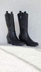 Melinta Kadın Siyah Deri Nakışlı Kovboy Çizme