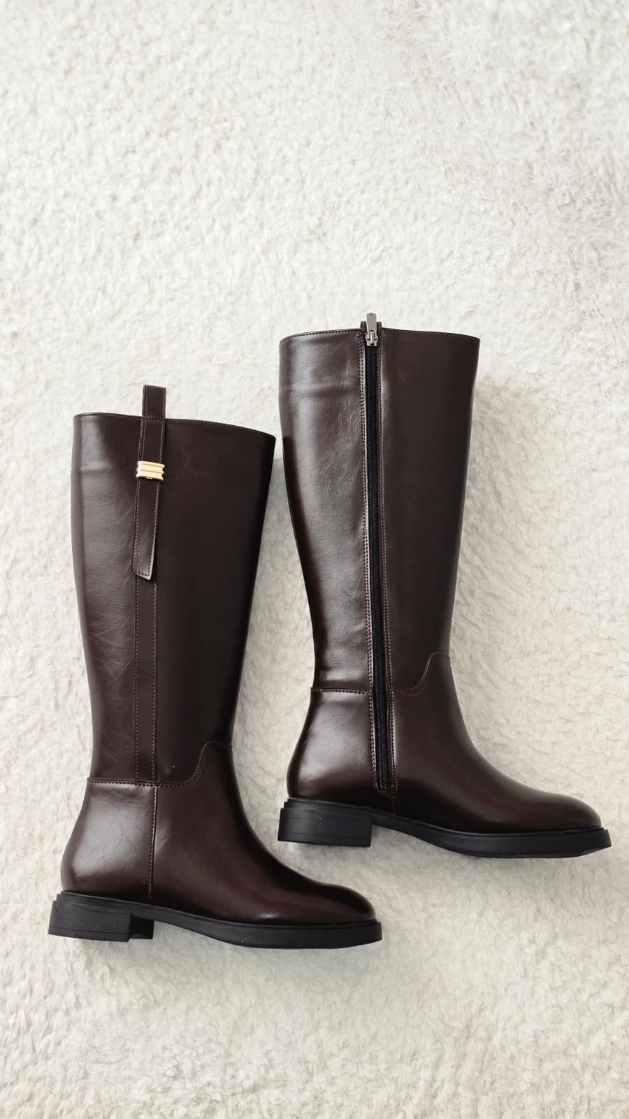 Melinta Fermuarlı Gold Tokalı Kahverengi Çizme