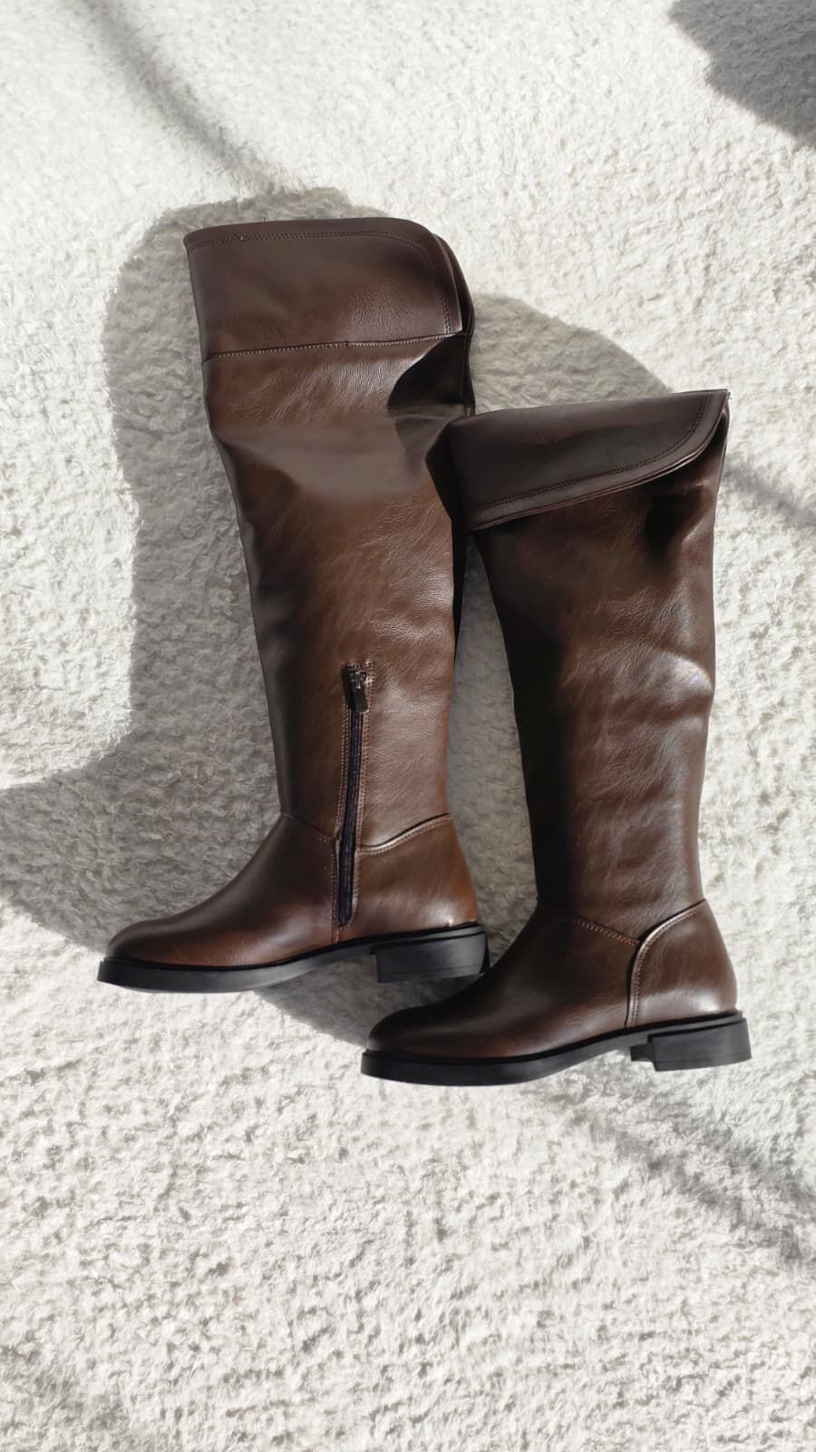 Melinta Kadın Kahve Fermuarlı Katlamalı Diz Üstü Kahve Çizme