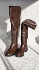 Melinta Kadın Kahve Fermuarlı Katlamalı Diz Üstü Kahve Çizme