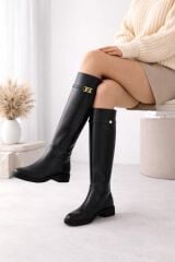 Melinta Tokalı Fermuarsız Siyah Binici Çizme