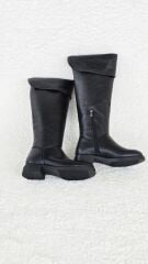 Melinta Kadın Siyah Fermuarlı Katlamalı Diz Üstü Kahve Çizme