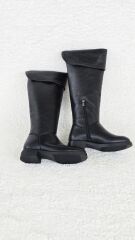 Melinta Kadın Siyah Fermuarlı Katlamalı Diz Üstü Kahve Çizme